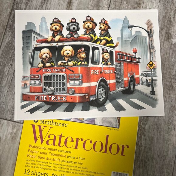 Fireman Golden Doodle Dog Fire Truck Art Print Limited Edition Signed & Numbered - Picture 2 of 9